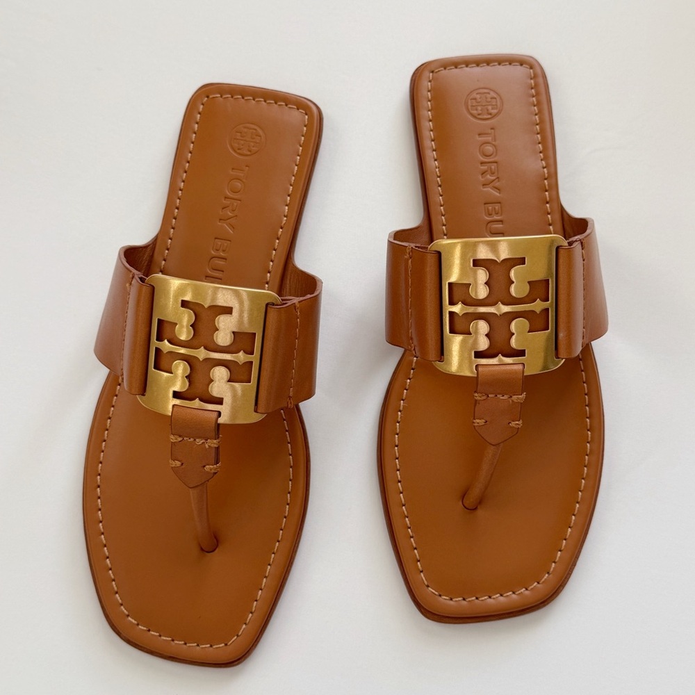 NWT Tory Burch Georgia Calf Leather Sandals, Aged Camello /Gold - Picture 4 of 16